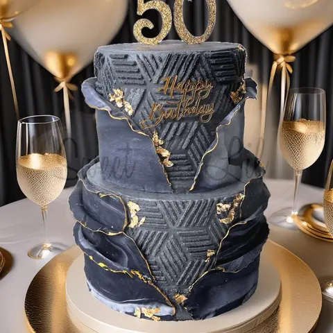 Two-tier black and gold celebration cake
