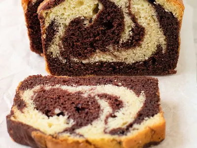 A marble tea cake, sliced